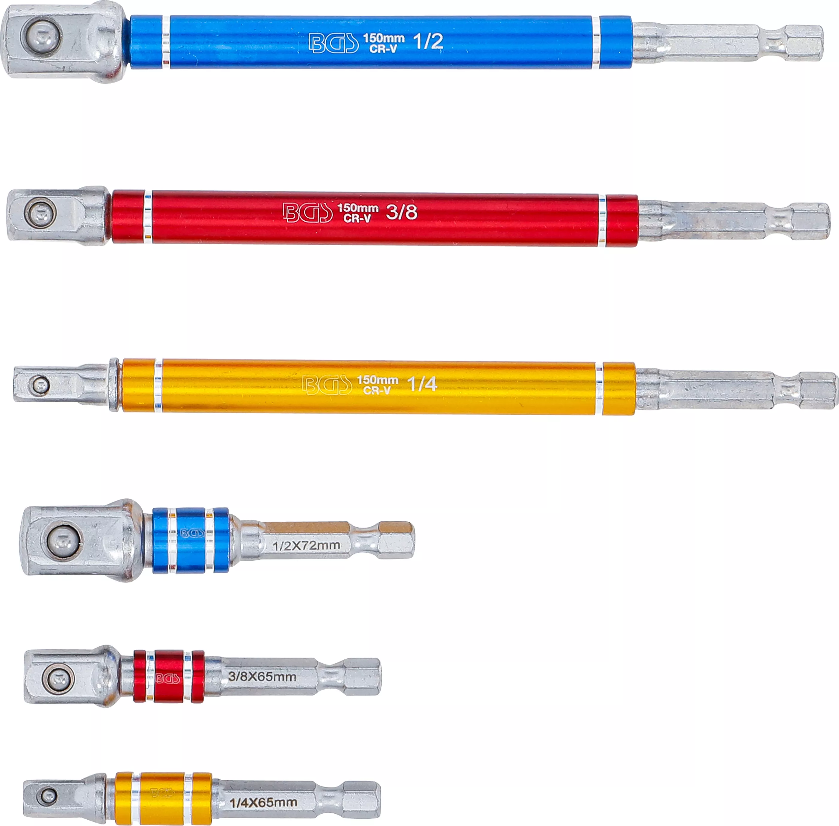 Set adaptoare pentru masini de gaurit | colorate | antrenare 6 colturi exterior 6,3 mm (1/4") | antrenat prin 6 colturi exterior 6,3 mm (1/4"), 10 mm (3/8"), 12,5 mm (1/2")| 75 - 150 mm | 6 piese [3]