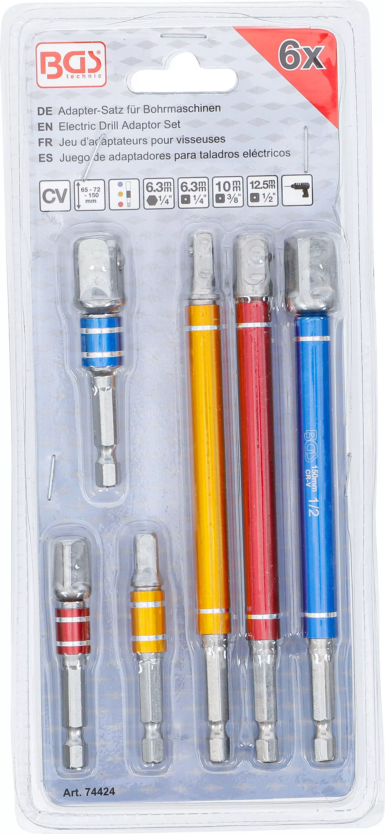 Set adaptoare pentru masini de gaurit | colorate | antrenare 6 colturi exterior 6,3 mm (1/4") | antrenat prin 6 colturi exterior 6,3 mm (1/4"), 10 mm (3/8"), 12,5 mm (1/2")| 75 - 150 mm | 6 piese [4]