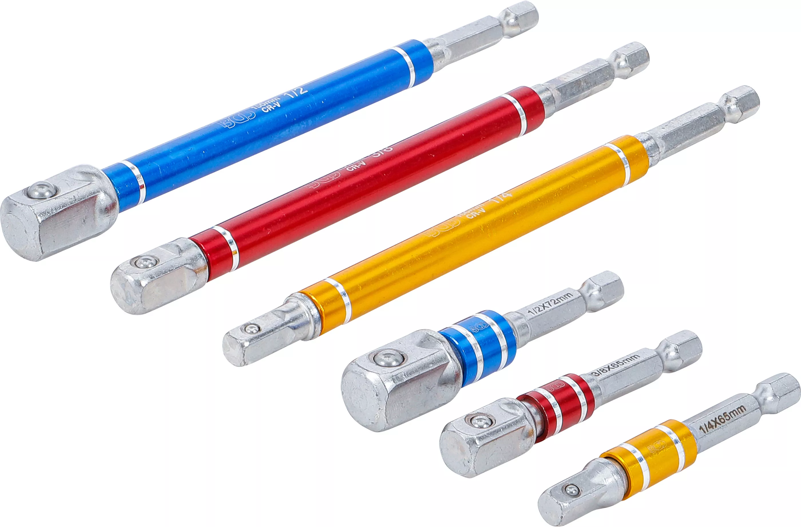 Set adaptoare pentru masini de gaurit | colorate | antrenare 6 colturi exterior 6,3 mm (1/4") | antrenat prin 6 colturi exterior 6,3 mm (1/4"), 10 mm (3/8"), 12,5 mm (1/2")| 75 - 150 mm | 6 piese [1]