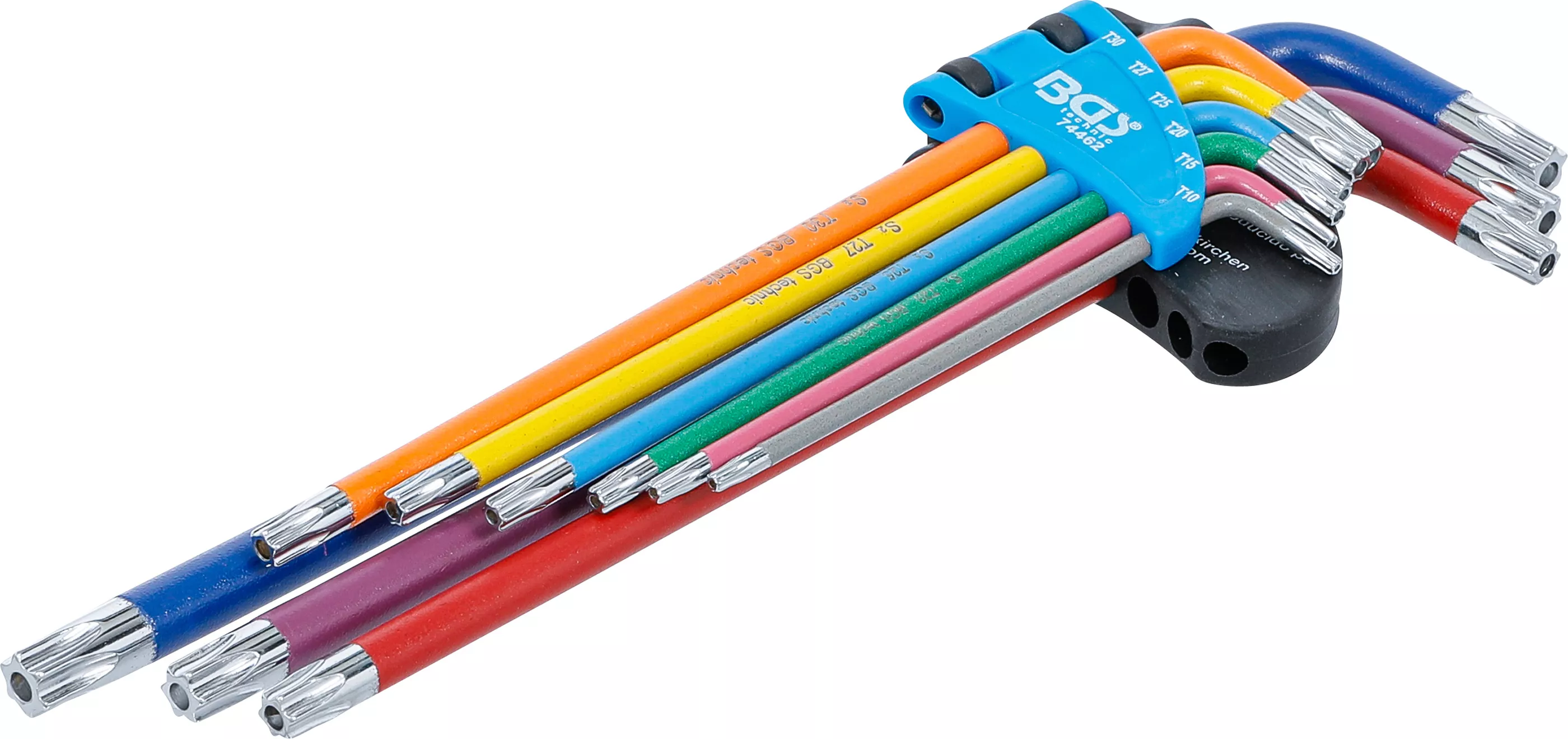 Chei cotite - Set chei tip L | multicolora | extra lunga | profil T (pentru Torx) cu alezaj T10 - T50 | 9 piese