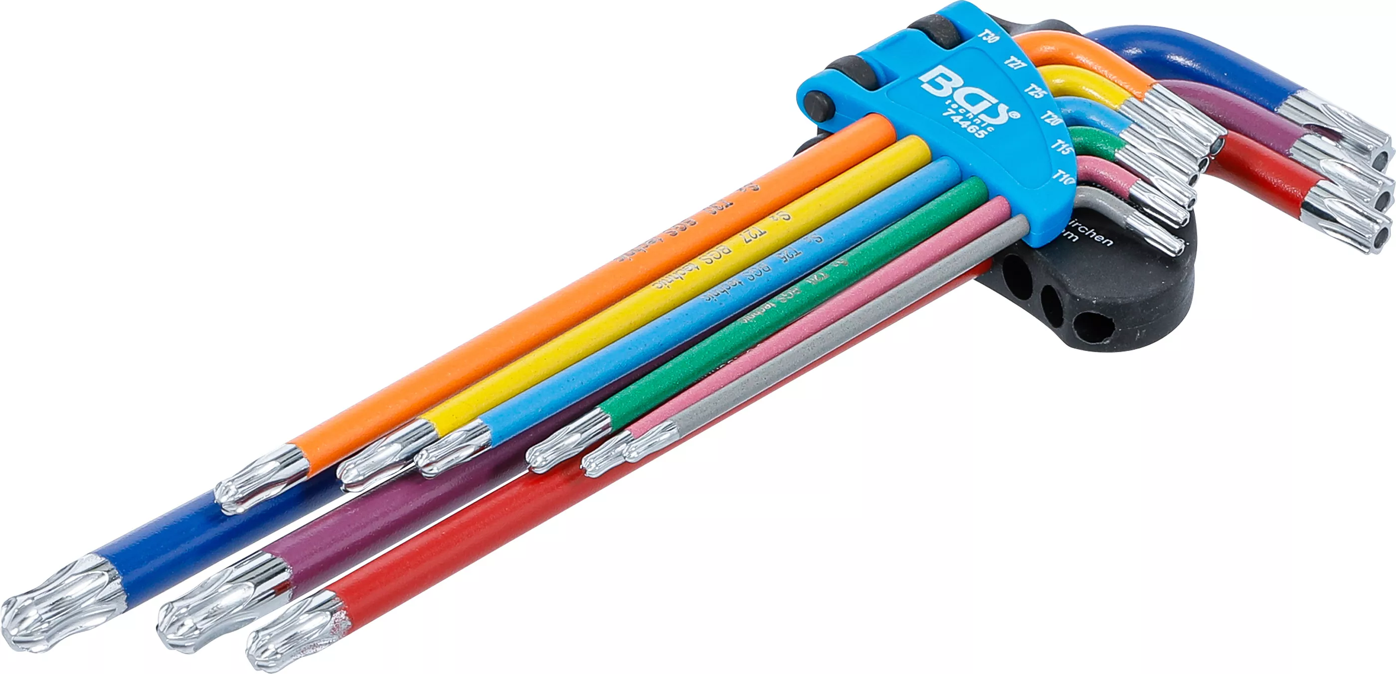 Chei cotite - Set chei tip L | multicolora | extra lunga | profil T (pentru Torx) cu gaura si cap sferic T10 - T50 | 9 piese