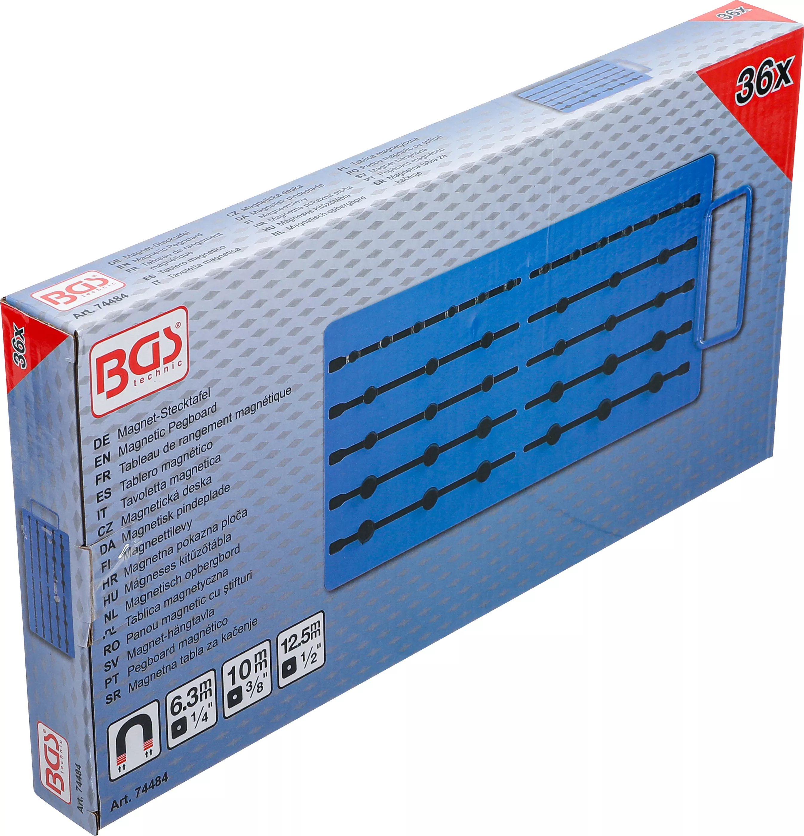 Panou magnetic cu stifturi | cu patrat exterior | pentru 36 capete chei tubulare | 6,3 mm (1/4") / 10 mm (3/8") / 12,5 mm (1/2") [5]