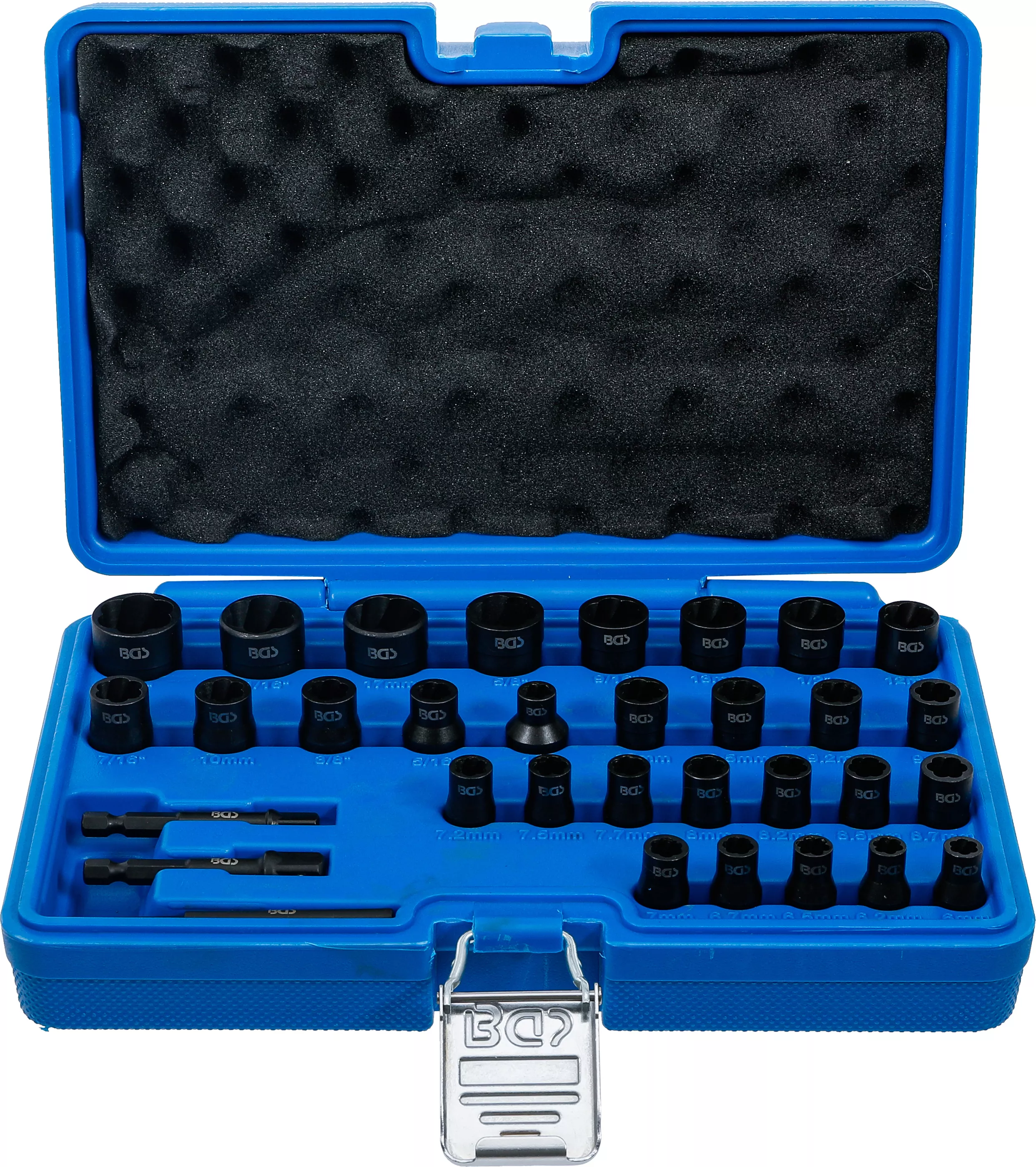 Scule - Set capete chei tubulare profil spiral / Extractoare de suruburi | 6,3 mm (1/4") / 10 mm (3/8") | marimi metric si toli | 32 piese