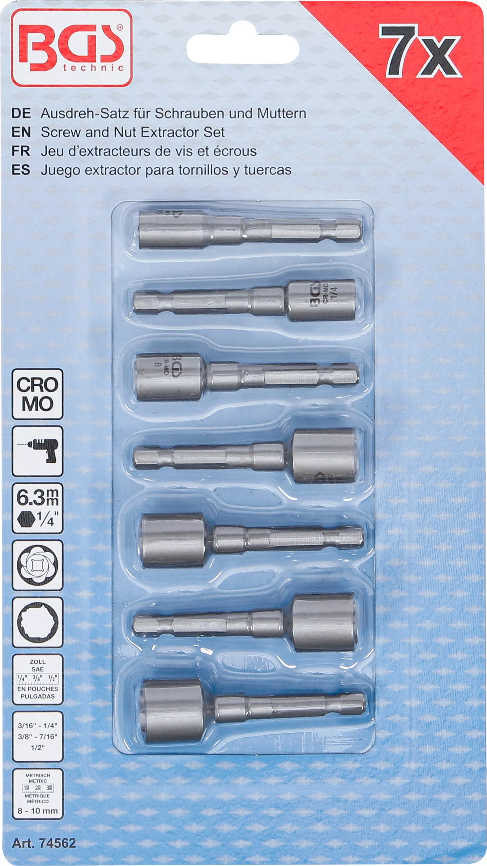 Set extragere pentru suruburi si piulite | antrenare hexagon exterior 6,3 mm (1/4") | pentru masini de gaurit | 7 piese [4]