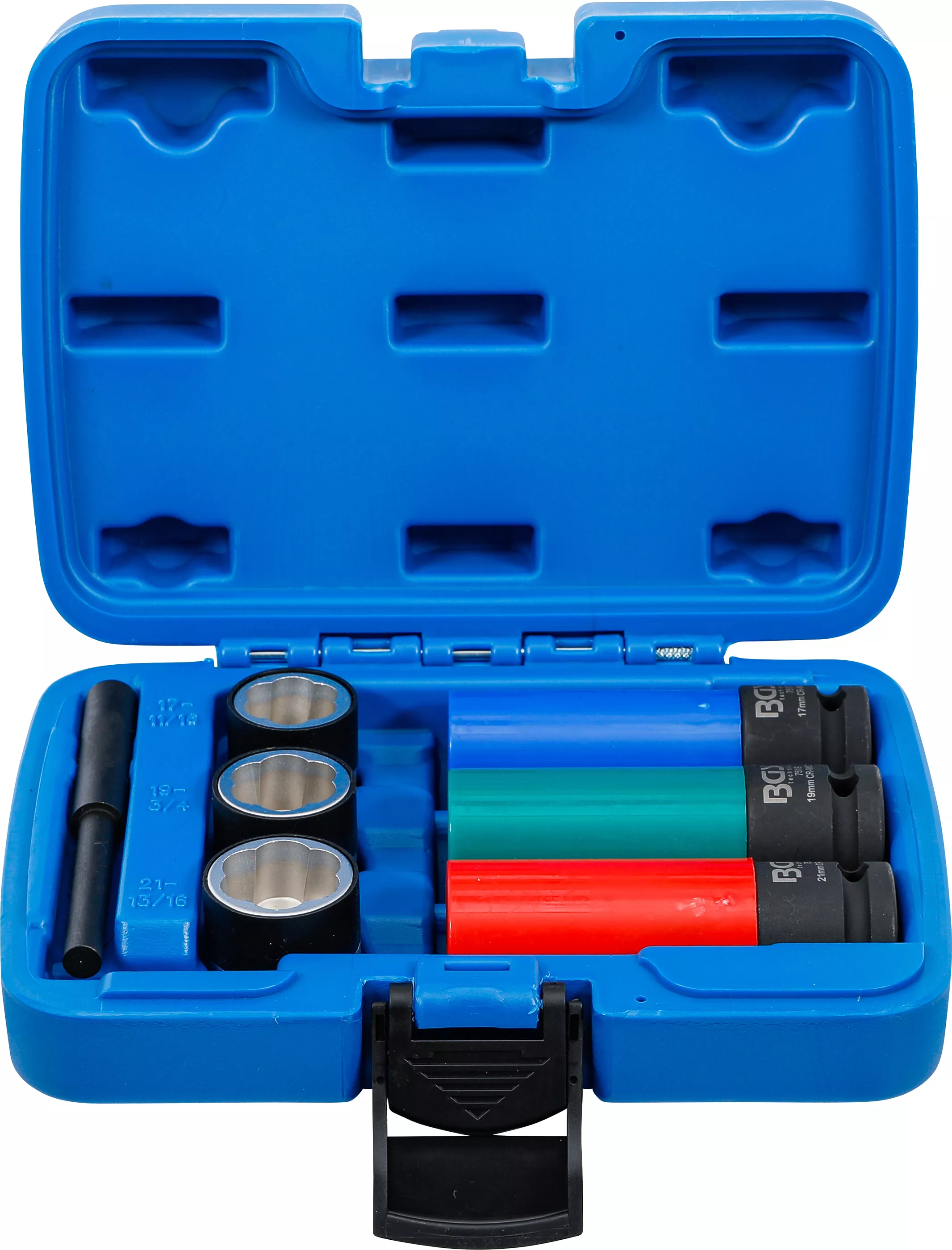 Set capete chei tubulare profil spiral / Extractoare de suruburi si set capete chei de impact cu protectie | 12,5 mm (1/2") | 17 / 19 / 21 mm | 7 piese [1]