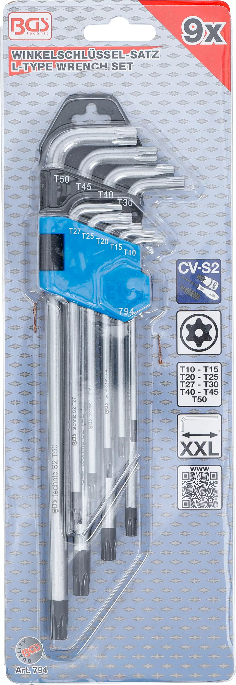 Set chei tip L | extra lungi | Profil T (pentru Torx) cu gaura T10 - T50 | 9 piese [6]