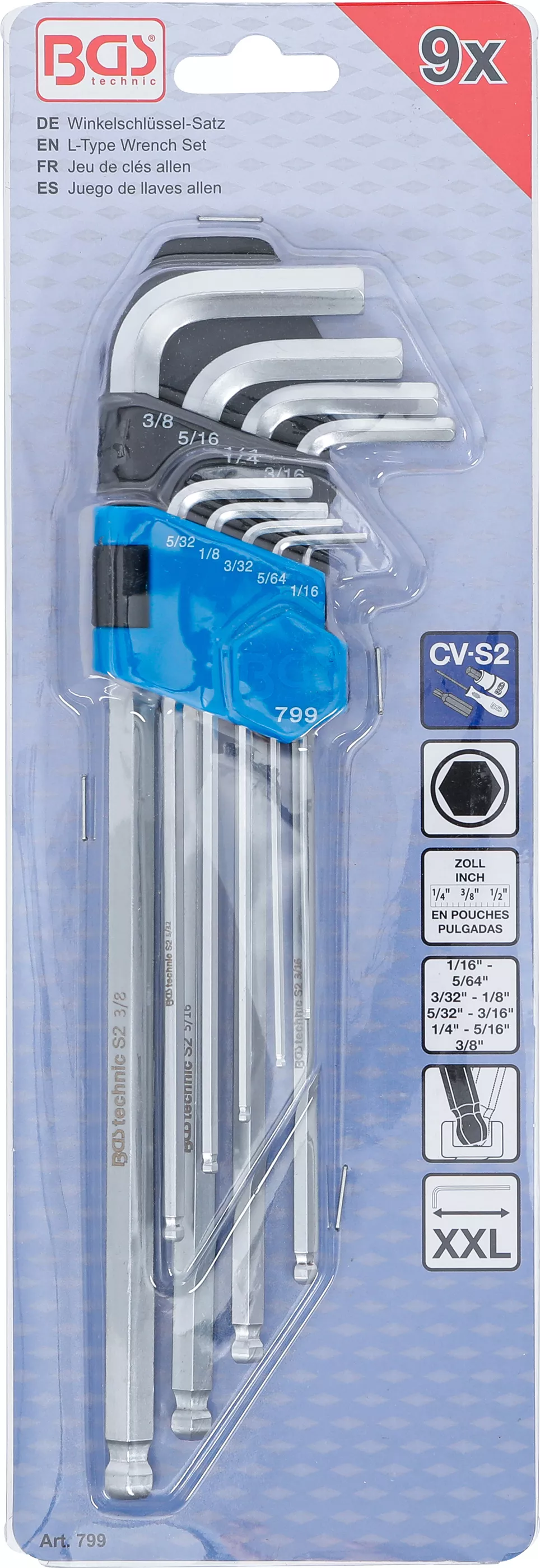 Set chei tip L | Marimi in toli | hexagon interior / hexagon interior cu cap sferic 1/16 - 3/8" | 9 piese [4]