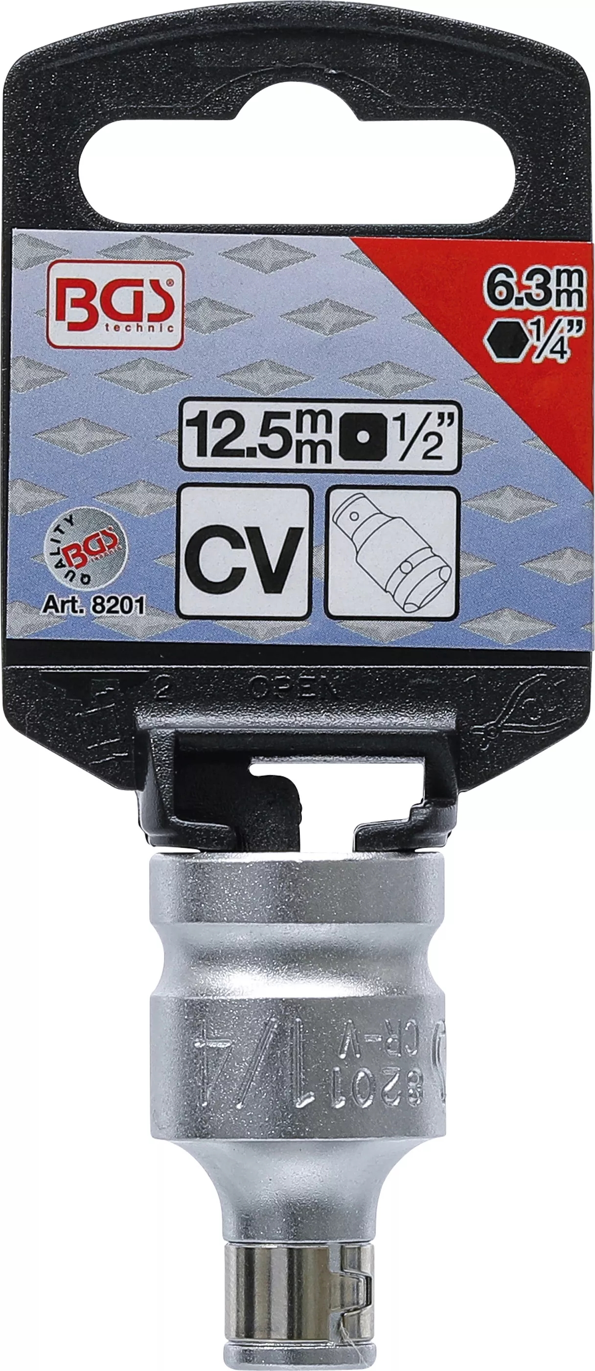 Adaptor biti cu bila de blocare | Patrat interior 12,5 mm (1/2") | Antrenat prin hexagon interior 6,3 mm (1/4") [3]