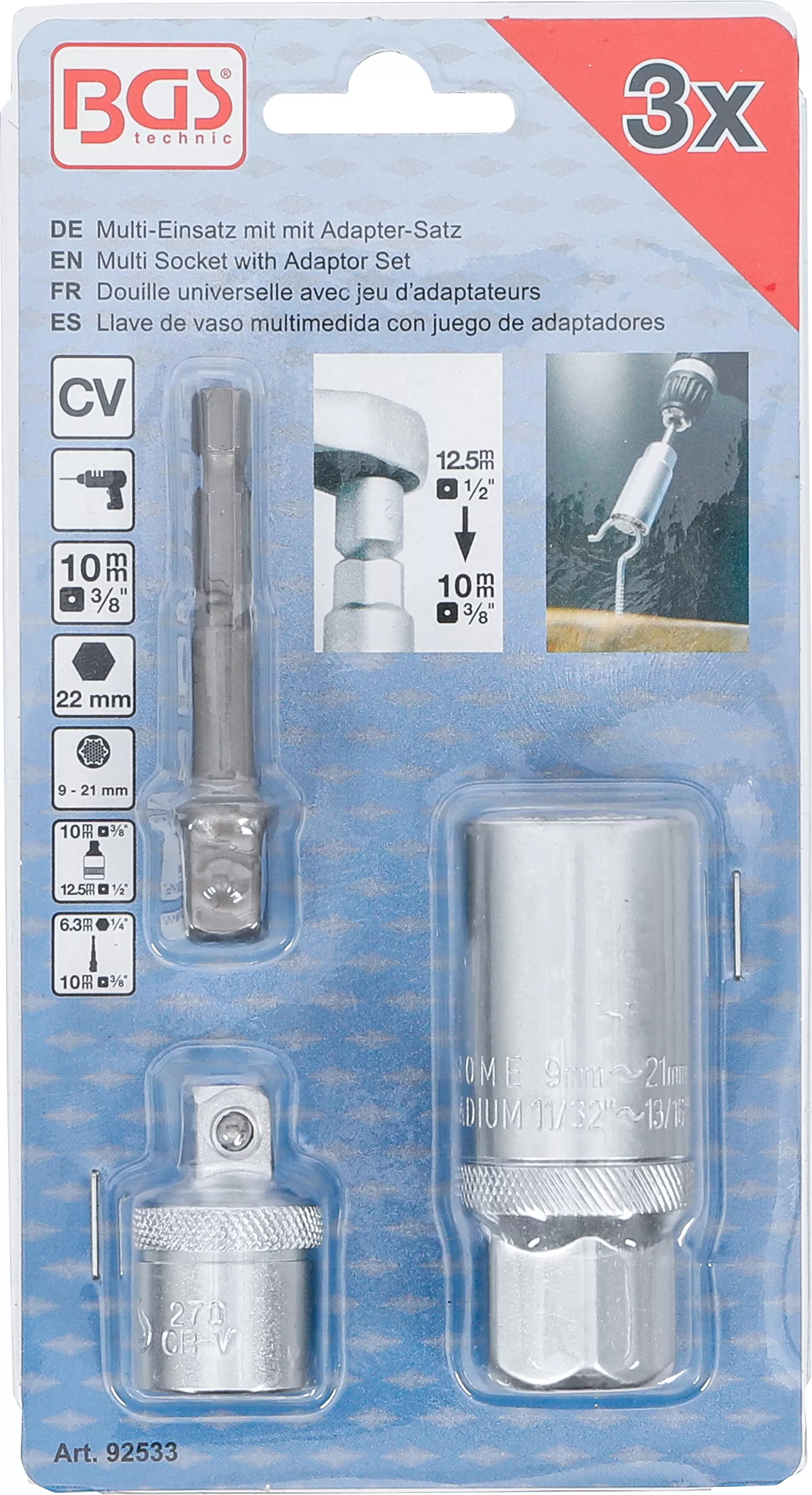Cap cheie Multi cu set adaptoare | 10 mm (3/8") | 9 - 21 mm | 3 piese [4]