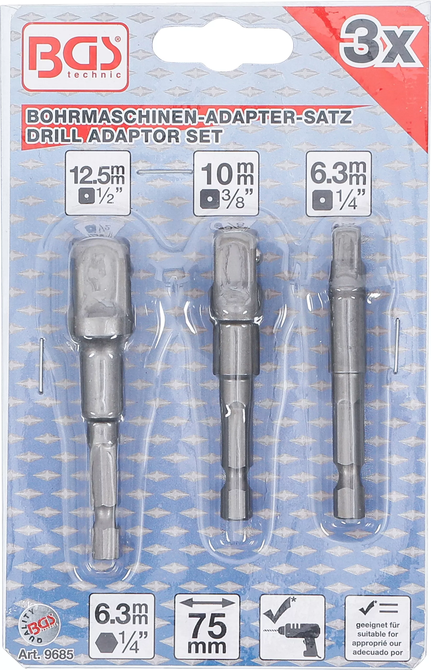 Set adaptoare pentru masini de gaurit | antrenare 6 colturi exterior 6,3 mm (1/4") | antrenat prin 6 colturi exterior 6,3 mm (1/4"), 10 mm (3/8"), 12,5 mm (1/2"), 3 piese [4]