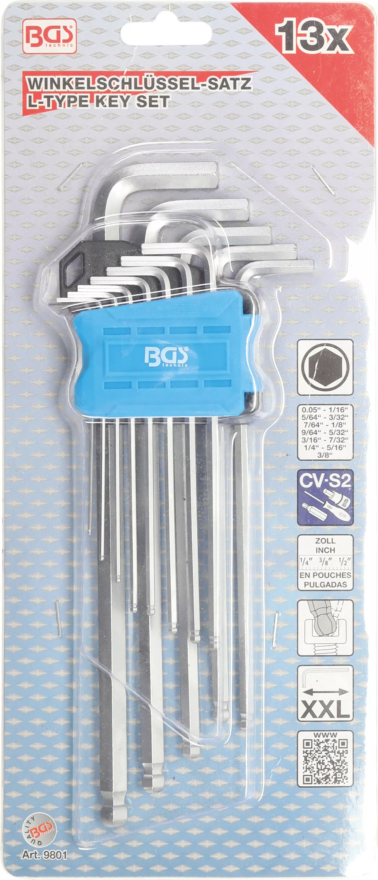 Set chei tip L | extra lungi | Marimi in toli | hexagon interior/hexagon interior cu cap sferic 0.05 - 3/8" | 13 piese [3]
