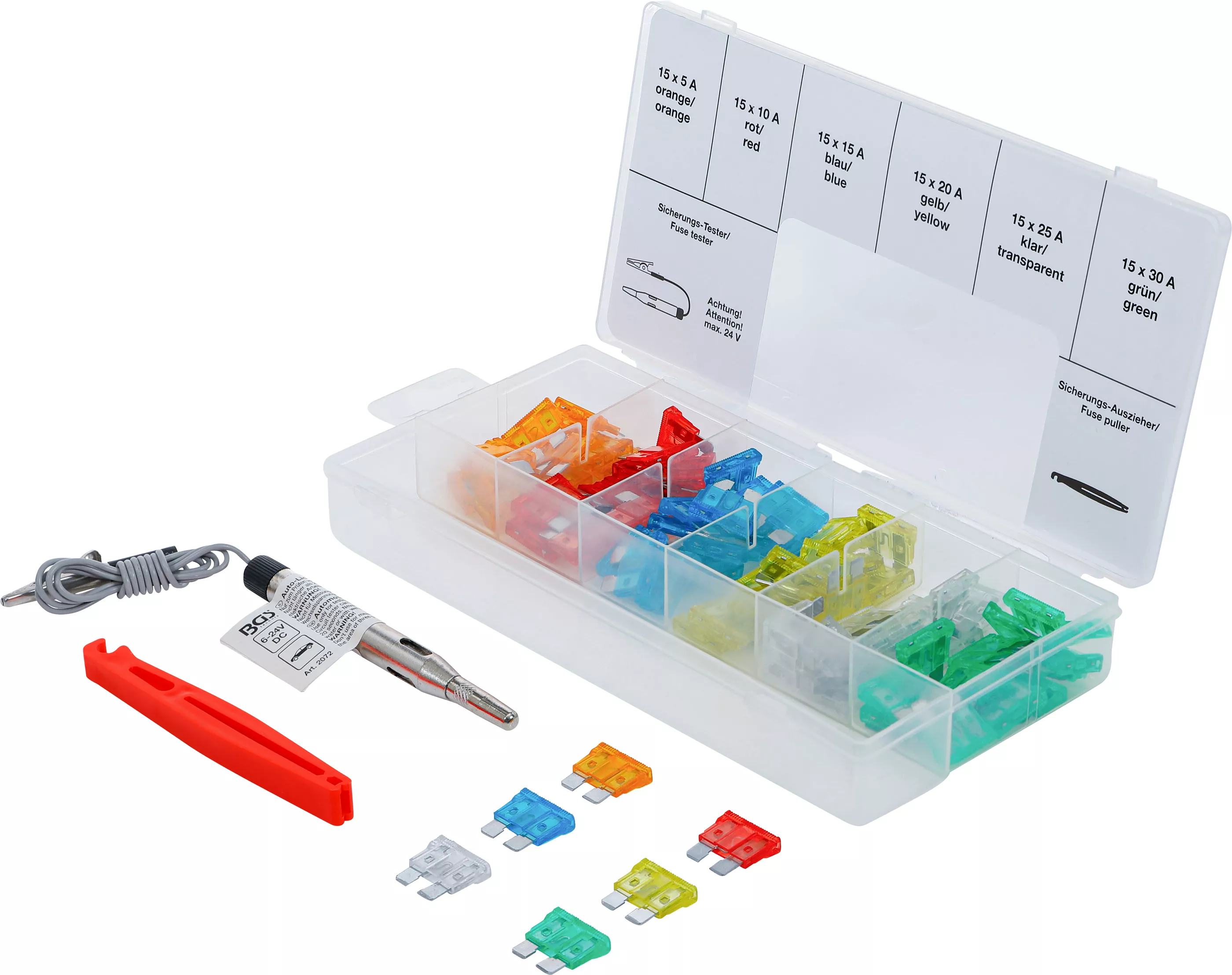 Accesorii - Set de siguranțe auto standard, 92 bucăți cu extractor și tester – BGS Technic