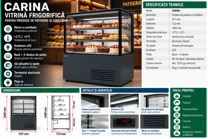 Vitrină Frigorifică CARINA pentru Cofetărie și Patiserie, 937 mm, +2/+6°C, Plug-in, Gri Antracit [2]