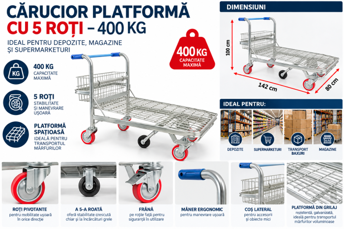 Cărucior Profesional Transport Marfă cu Platformă Mare 142×80 cm, 5 Roți, 400 kg [3]