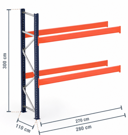 Rafturi pentru paleți modular - Raft Palet Tip Extensie – H:300 cm x L:280 cm x W:110 cm