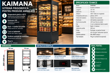 Vitrină Caldă Profesională KAIMANA, 751 mm, până la +65°C, 4 Polițe, LED, Plug-in, Gri Antracit [1]