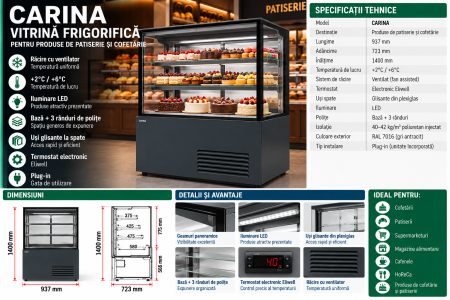 Vitrină Frigorifică CARINA pentru Cofetărie și Patiserie, 937 mm, +2/+6°C, Plug-in, Gri Antracit [1]