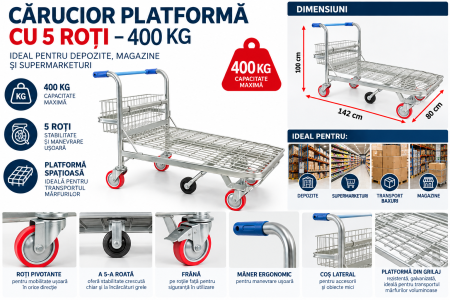 Cărucior Profesional Transport Marfă cu Platformă Mare 142×80 cm, 5 Roți, 400 kg [2]