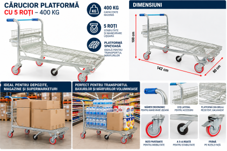 Cărucior Profesional Transport Marfă cu Platformă Mare 142×80 cm, 5 Roți, 400 kg [1]