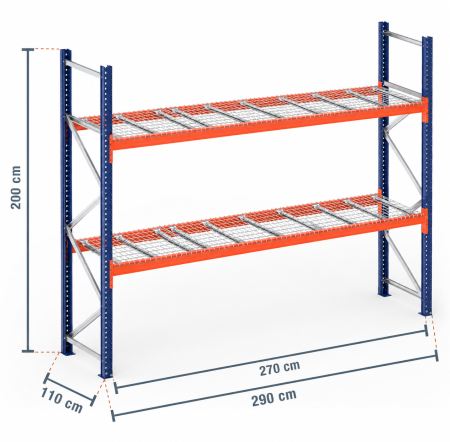 Rafturi pentru paleți modular - Raft metalic industrial cu polițe din plasă zincată – 2900 x 1100 x 2000 mm