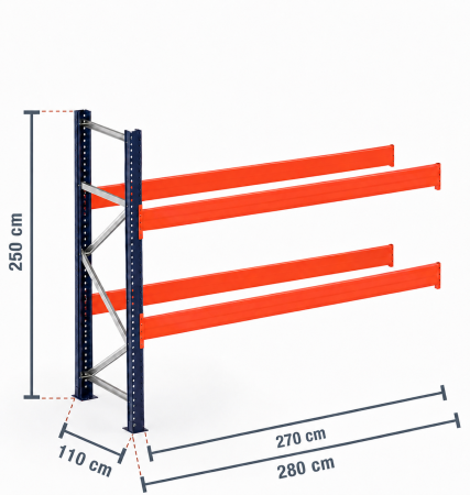 Rafturi pentru paleți modular - Raft Palet Tip Extensie – H:250 cm x L:280 cm x W:110 cm