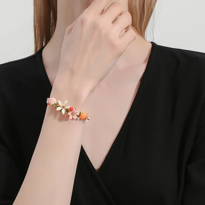 Brățară Cherry, placată cu aur 18K, din email pictat manual, model flori și fructe, reglabilă - Colecția Fable [3]