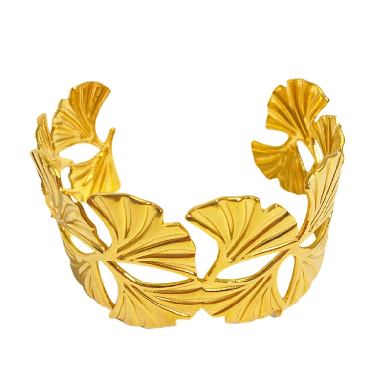 Brățară Brenda, aurie, reglabilă, din oțel inoxidabil, model cu frunze de ginkgo [7]