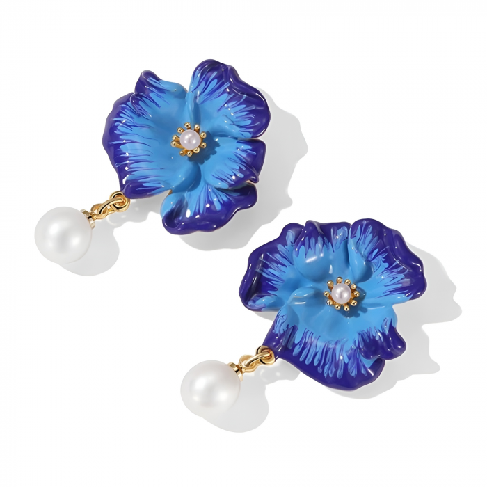 Cercei Orchid, cu perle, placați cu aur 18K, din email pictat manual - Colecția Fable [2]