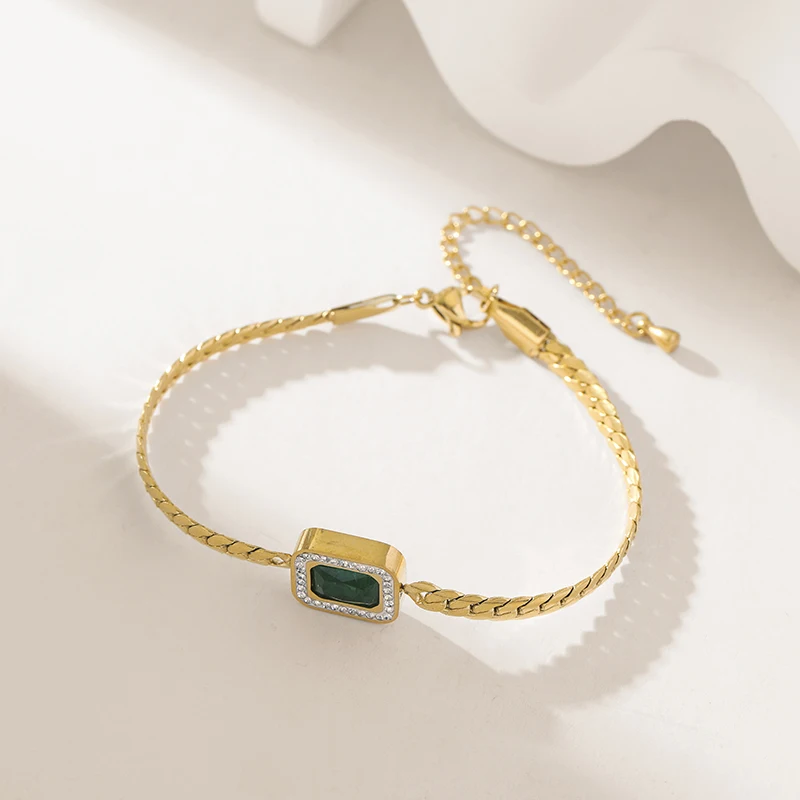 Brățară Ayana, aurie, din oțel inoxidabil placat cu aur 18K, decorată cu zirconiu verde [3]