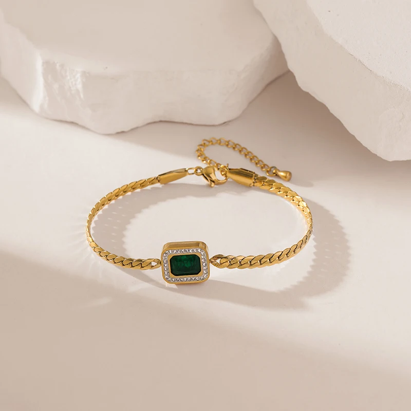Brățară Ayana, aurie, din oțel inoxidabil placat cu aur 18K, decorată cu zirconiu verde [6]