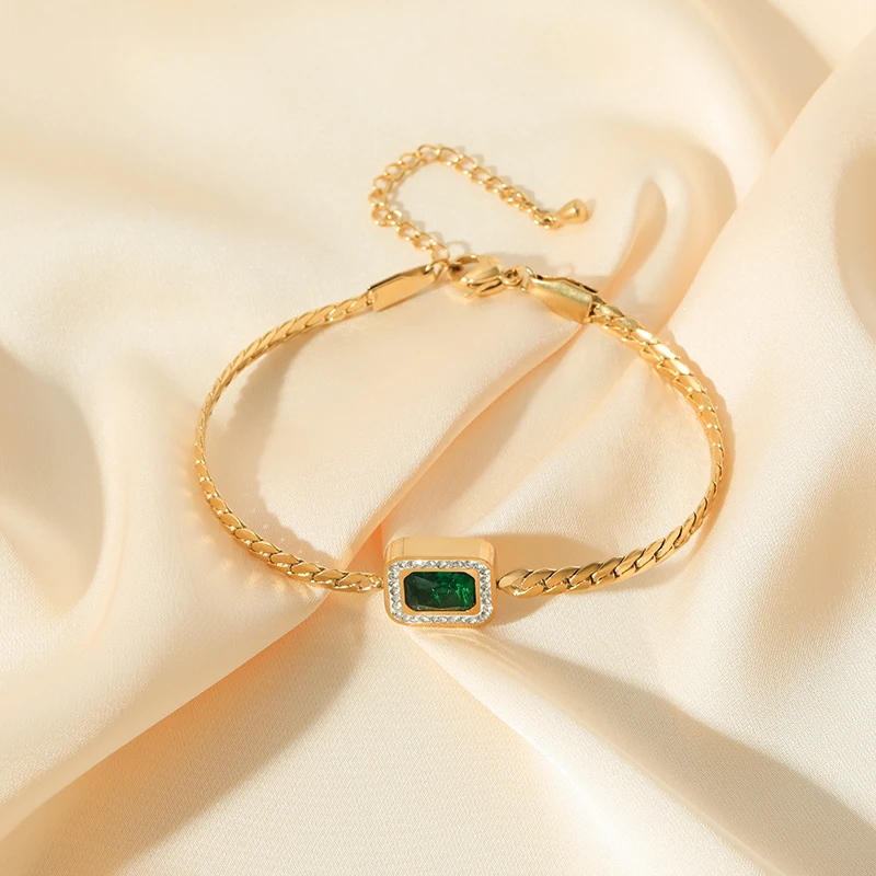 Brățară Ayana, aurie, din oțel inoxidabil placat cu aur 18K, decorată cu zirconiu verde [2]