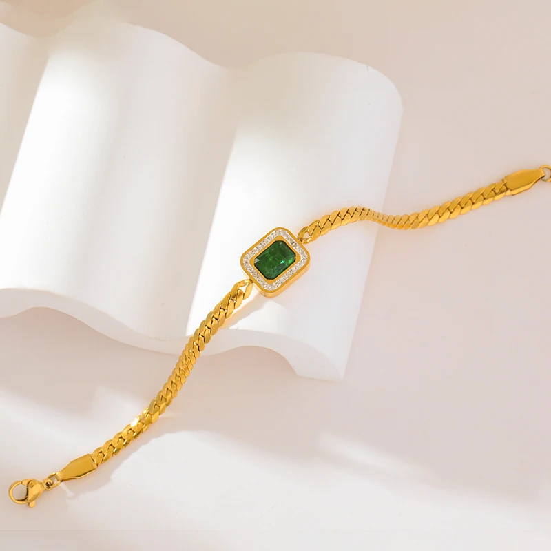 Brățară Ayana, aurie, din oțel inoxidabil placat cu aur 18K, decorată cu zirconiu verde [5]
