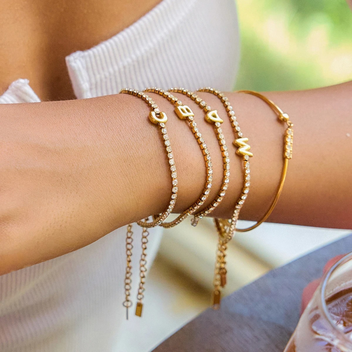 Brățară tennis Dorothy, aurie, cu inițială nume, din oțel inoxidabil placat cu aur 18K [4]