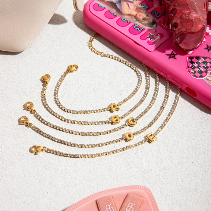 Brățară tennis Dorothy, aurie, cu inițială nume, din oțel inoxidabil placat cu aur 18K [6]