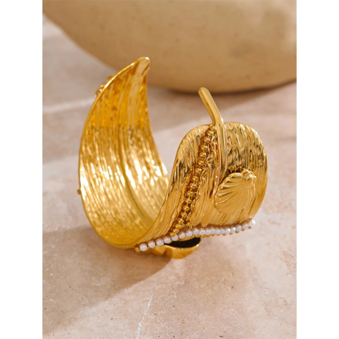 Brățară Leslie, statement, cu model oceanic si perle, din oțel inoxidabil placat cu aur 18K [6]