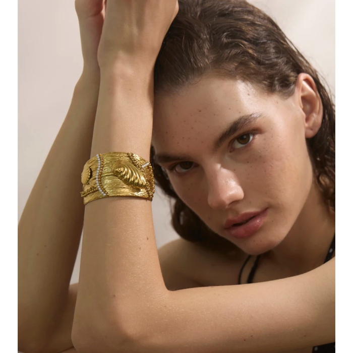 Brățară Leslie, statement, cu model oceanic si perle, din oțel inoxidabil placat cu aur 18K [3]