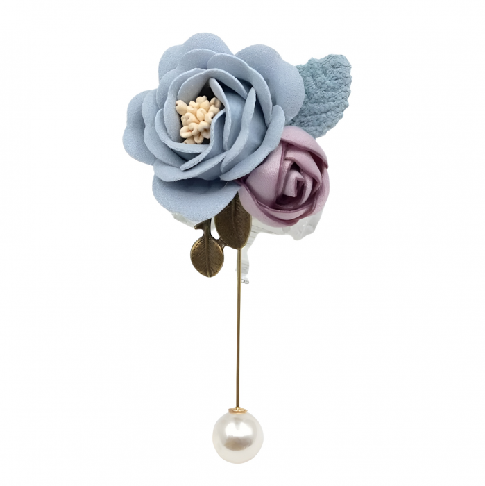 Broșă Rayme, bleu cu roz, handmade, din material textil, cu perle și model floral [1]