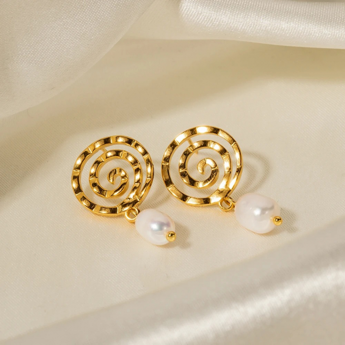 Cercei Lisa, aurii, cu model spirală, din oțel inoxidabil și perle naturale de cultură, placați cu aur 18K - Colecția Universe of Pearls [4]