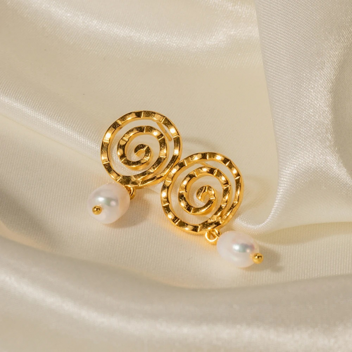 Cercei Lisa, aurii, cu model spirală, din oțel inoxidabil și perle naturale de cultură, placați cu aur 18K - Colecția Universe of Pearls [5]