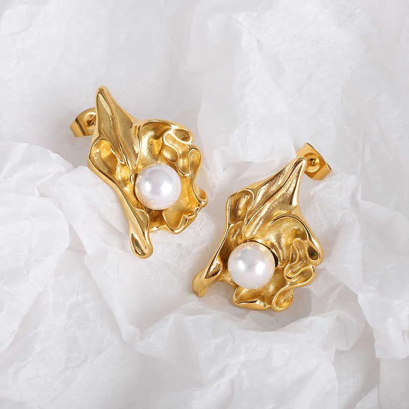 Cercei Karina, aurii, cu model abstract, din oțel inoxidabil și perle naturale de cultură, placați cu aur 18K - Colecția Universe of Pearls [2]