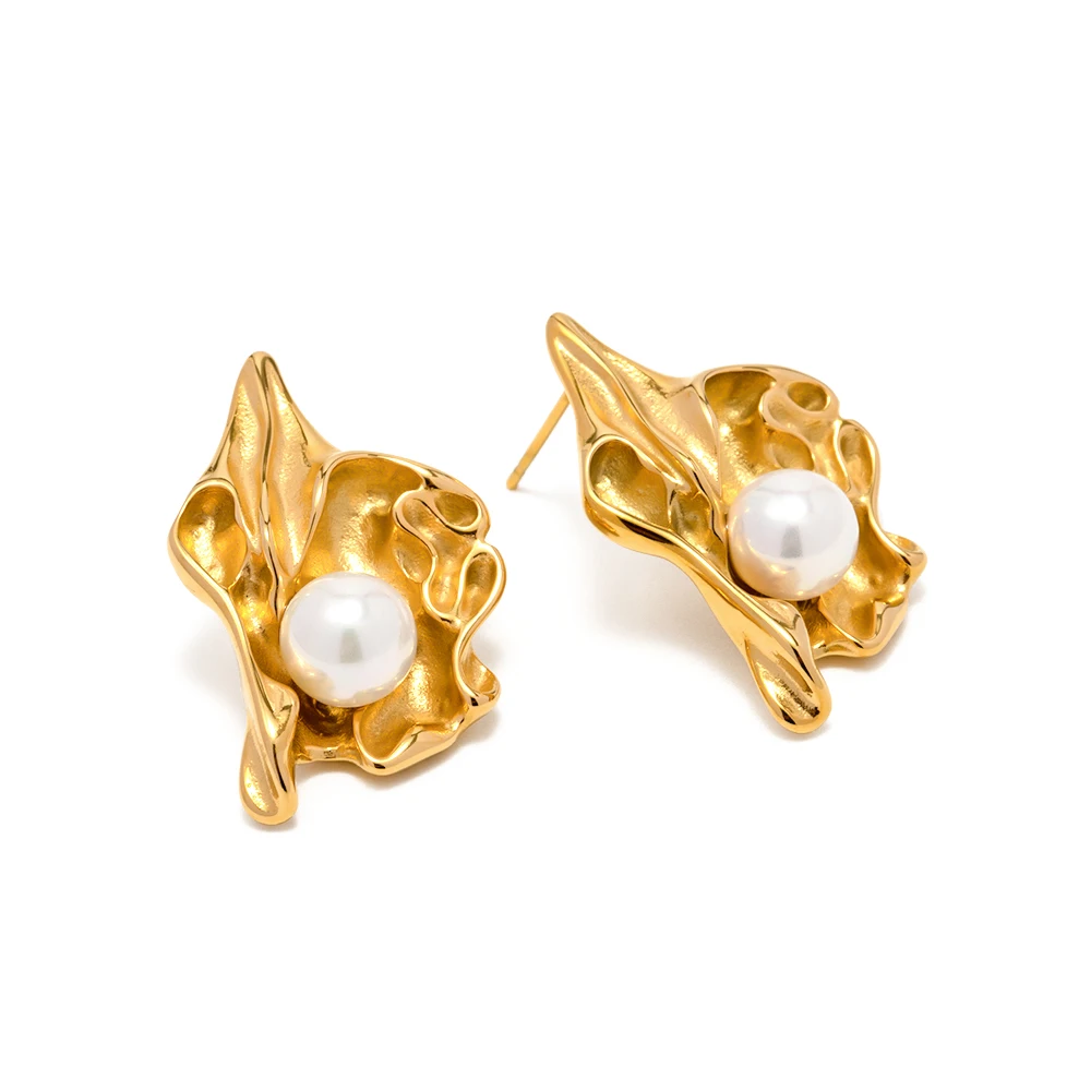Cercei Karina, aurii, cu model abstract, din oțel inoxidabil și perle naturale de cultură, placați cu aur 18K - Colecția Universe of Pearls [1]