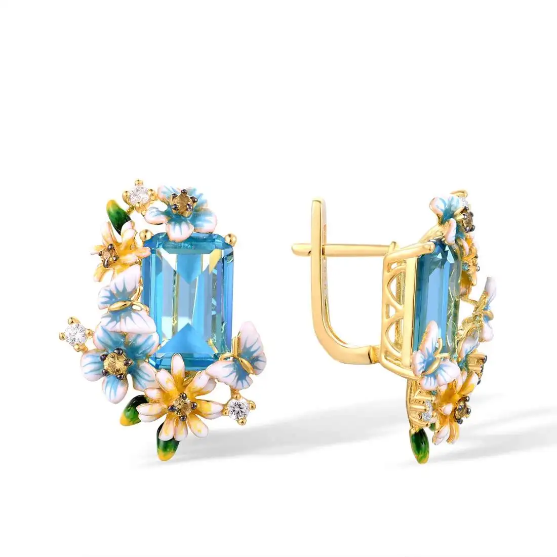 Cercei Annelise, din zirconiu și email pictat manual, placați cu aur 18K, model flori și fluturi - Colecția Fable [3]