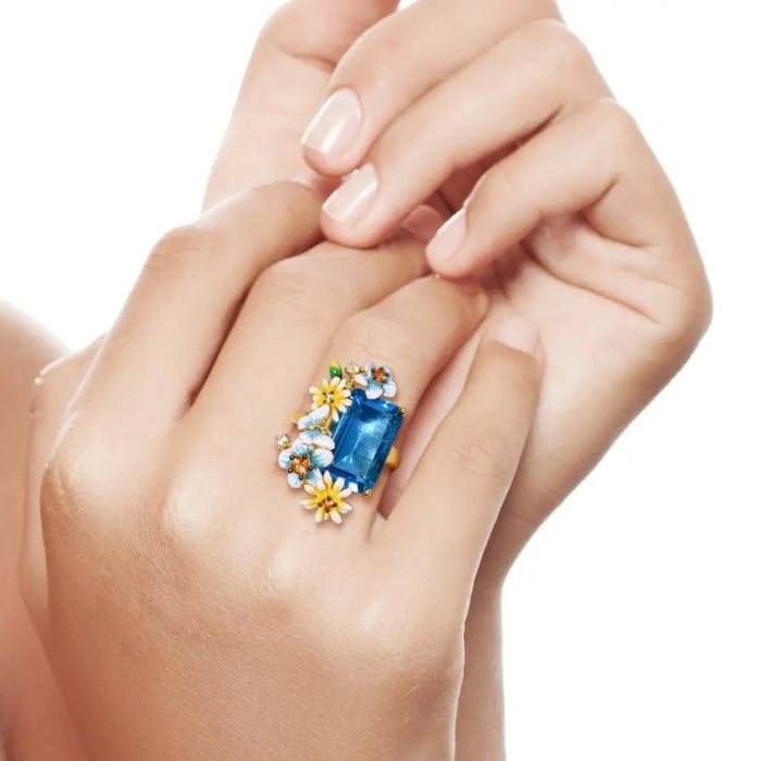 Inel Annelise, din zirconiu și email pictat manual, placat cu aur 18K, cu model flori și fluturi - Colecția Fable [5]