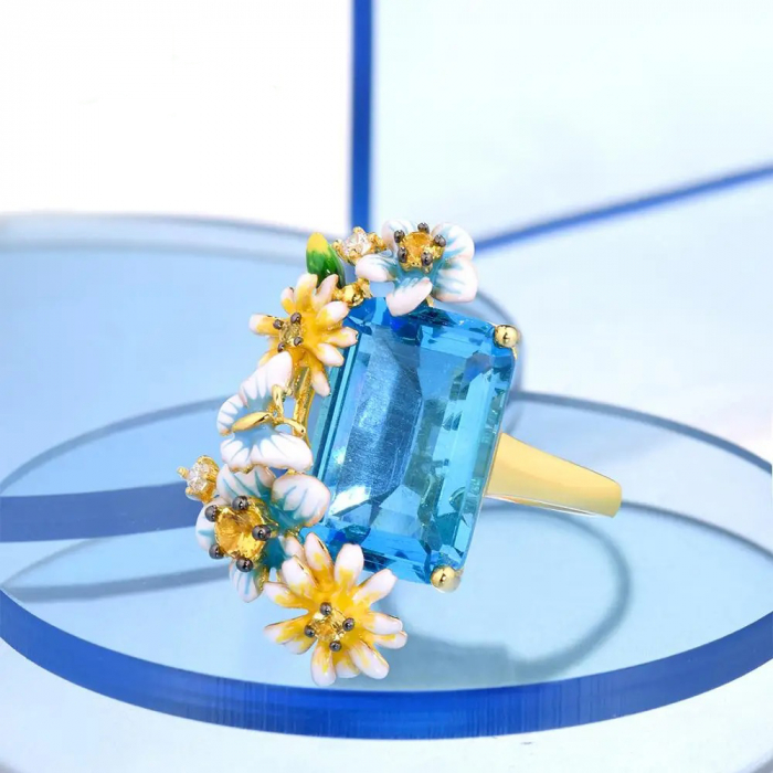 Inel Annelise, din zirconiu și email pictat manual, placat cu aur 18K, cu model flori și fluturi - Colecția Fable [4]