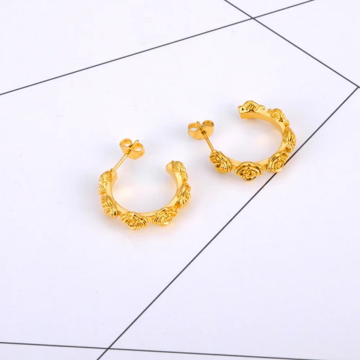 Cercei Frances, rotunzi, aurii, din oțel inoxidabil placat cu aur 18K, cu model floral - Colecția Parisian [4]