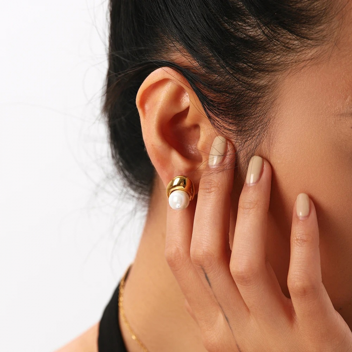 Cercei Alessia, aurii, din oțel inoxidabil și perle naturale de cultură, placați cu aur 18K, în formă de lacrimă - Colecția Universe of Pearls [5]