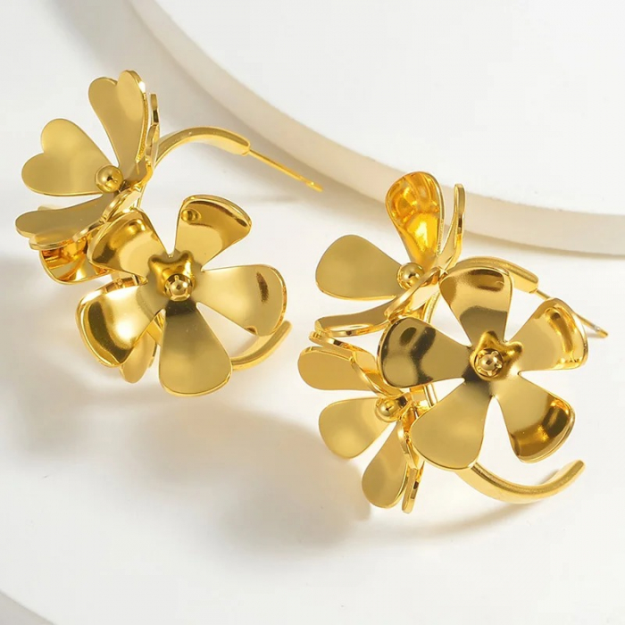 Cercei Karissa, aurii, rotunzi, din oțel inoxidabil placat cu aur 18K, cu model floral - Colecția Floral Paradise [2]