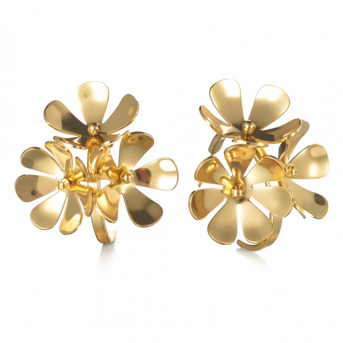 Cercei Karissa, aurii, rotunzi, din oțel inoxidabil placat cu aur 18K, cu model floral - Colecția Floral Paradise [1]