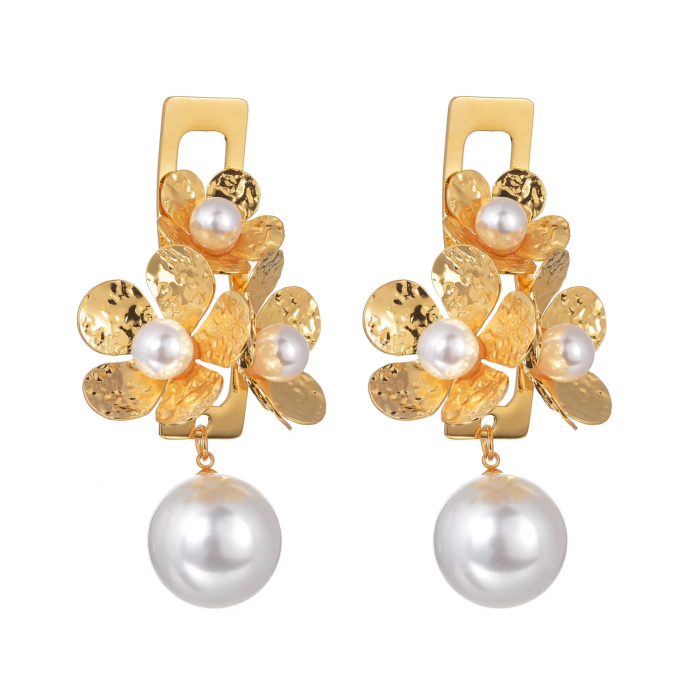 Cercei Lora, aurii, cu perle și model floral, din oțel inoxidabil - Colecția Universe of Pearls [1]