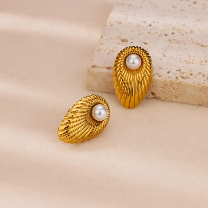 Cercei Madge, aurii, cu perle, din oțel inoxidabil placat cu aur 18K - Colecția Universe of Pearls [4]